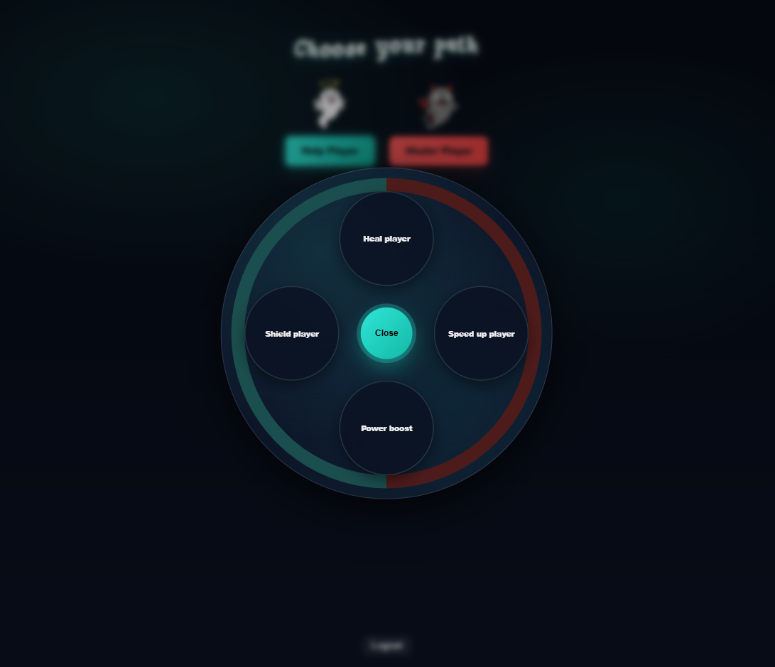 Spectator app radial action menu for selecting live help or hinder actions.